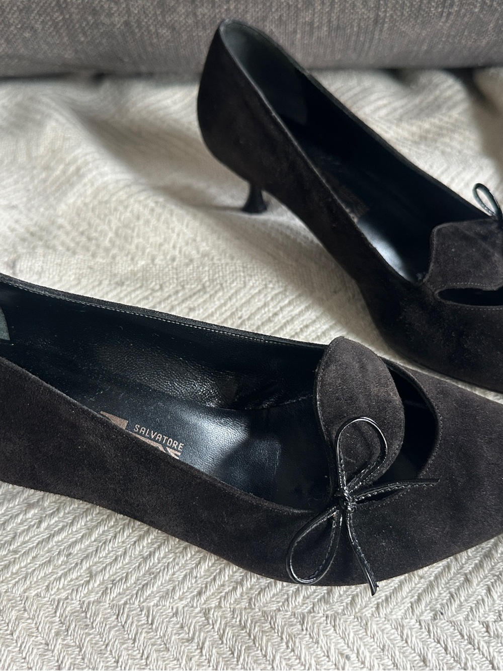 Salvatore Ferragamo Brigida Dark Brown Suede Pointed-Toe kitten heel with Bow